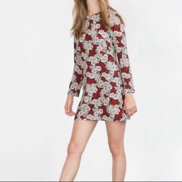 Zara Woman Red Black White Floral Daisy Mini Dress Size Medium Blogger Favorite - Picture 4 of 13
